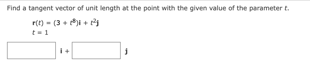 Find a tangent vector of unit length at the point with the given value of the parameter t.
r(t) = (3 + 8)i + t²j
t = 1
i +
j