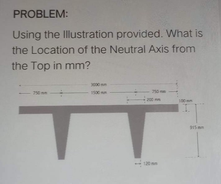 PROBLEM:
Using the Illustration provided. What is
the Location of the Neutral Axis from
the Top in mm?
750 mm
3000 mm
1500 mm
750 mm
200 mm
120 mm
100 mm
915 mm