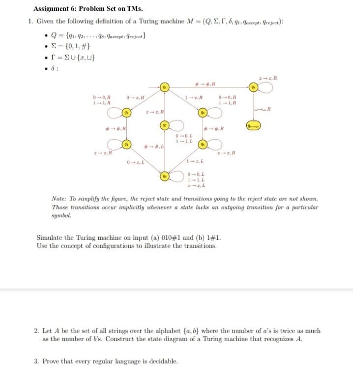 Assignment 6: Problem Set on TMs.
1. Given the following definition of a Turing machine M = (Q, E, I, 6, 91, accept, Greject):
• Q={91, 92,
98, Jaccept, greject}
« Σ = {0, 1, #}
• T = EU {z, u}
0-0, R
1-1,R
## .R
0-2,R
9
0-2, L
9:
97
0-0, L
1-1, L
#-#.R
1-2, R
9s
3. Prove that every regular language is decidable.
##.R
9
1-3, L
0-0, R
1-1, R
0-0, L
1-1,4
z-z, R
Simulate the Turing machine on input (a) 010#1 and (b) 1#1.
Use the concept of configurations to illustrate the transitions.
z-z.R
Garape
Note: To simplify the figure, the reject state and transitions going to the reject state are not shown.
Those transitions occur implicitly whenever a state lacks an outgoing transition for a particular
symbol.
R
2. Let A be the set of all strings over the alphabet (a, b) where the number of a's is twice as much
as the number of b's. Construct the state diagram of a Turing machine that recognizes A.