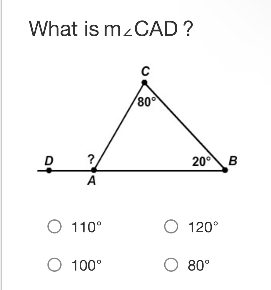 What is m/CAD ?
D
?
A
O 110°
O 100°
C
80°
20° B
O 120°
80°