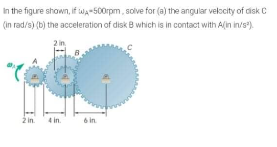 In the figure shown, if wA-500rpm, solve for (a) the angular velocity of disk C
(in rad/s) (b) the acceleration of disk B which is in contact with A(in in/s²).
2 in
6 in.
2 in.
4 in.