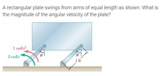 A rectangular plate swings from arms of equal length as shown. What is
the magnitude of the angular velocity of the plate?
I rad/s²
2 rad/s