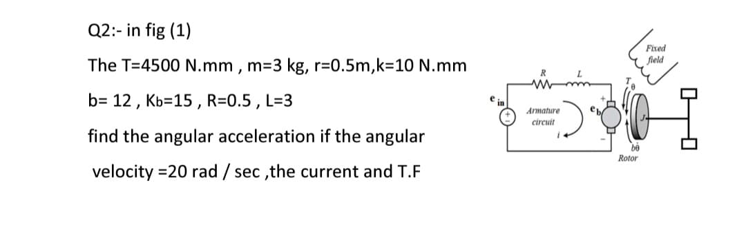 Q2:- in fig (1)
The T=4500 N.mm, m=3 kg, r=0.5m,k=10 N.mm
b= 12, Kb=15, R=0.5, L=3
find the angular acceleration if the angular
velocity =20 rad / sec, the current and T.F
R
Armature
D
circuit
Rotor
Fixed
field