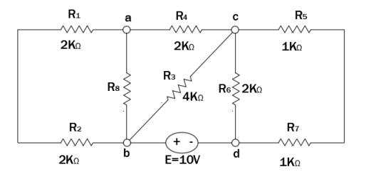 R₁
2K
R₂
2KQ
R8
a
www
00
b
R4
2KQ
R3
4ΚΩ
E=10V
с
R6 2Ko
d
R5
1K₂
R7
1K0