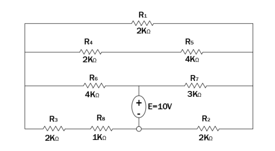 R3
2ΚΩ
R4
2ΚΩ
R6
4ΚΩ
R8
1ΚΩ
R₁
www
2ΚΩ
|E=10V
Μ
R5
4ΚΩ
R7
3Ko
R2
M
2ΚΩ