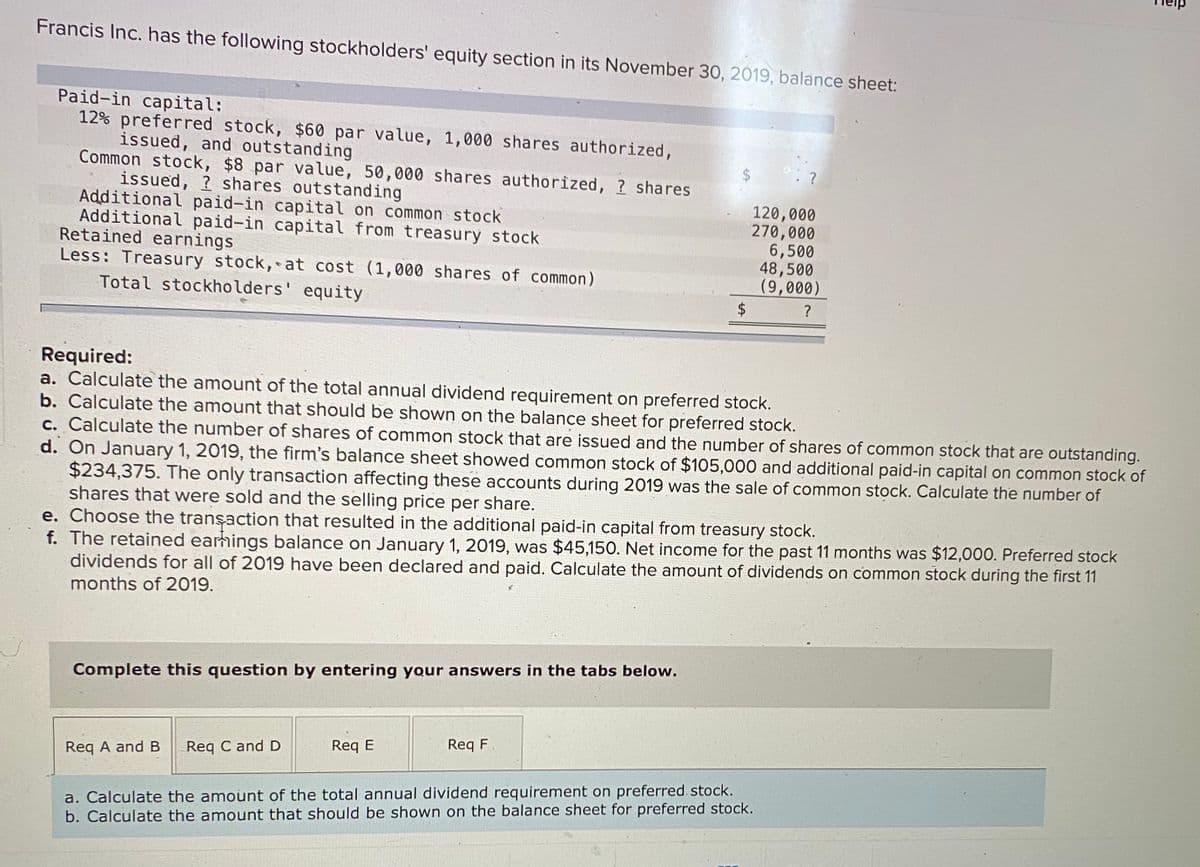 Francis Inc. has the following stockholders' equity section in its November 30, 2019, balance sheet:
Paid-in capital:
12% preferred stock, $60 par value, 1,000 shares authorized,
issued, and outstanding
Common stock, $8 par value, 50,000 shares authorized, ? shares
issued, ? shares outstanding
Additional paid-in capital on common stock
Additional paid-in capital from treasury stock
Retained earnings
Less: Treasury stock, at cost (1, 000 shares of common)
120,000
270,000
6,500
48,500
(9,000)
$
Total stockholders' equity
Required:
a. Calculate the amount of the total annual dividend requirement on preferred stock.
b. Calculate the amount that should be shown on the balance sheet for preferred stock.
c. Calculate the number of shares of common stock that are issued and the number of shares of common stock that are outstanding.
d. On January 1, 2019, the firm's balance sheet showed common stock of $105,000 and additional paid-in capital on common stock of
$234,375. The only transaction affecting these accounts during 2019 was the sale of common stock. Calculate the number of
shares that were sold and the selling price per share.
e. Choose the transaction that resulted in the additional paid-in capital from treasury stock.
f. The retained earmings balance on January 1, 2019, was $45,150. Net income for the past 11 months was $12,000. Preferred stock
dividends for all of 2019 have been declared and paid. Calculate the amount of dividends on common stock during the first 11
months of 2019.
Complete this question by entering your answers in the tabs below.
Req C and D
Req E
Req F,
Req A and B
a. Calculate the amount of the total annual dividend requirement on preferred stock.
b. Calculate the amount that should be shown on the balance sheet for preferred stock.
