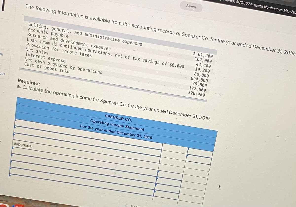 ACG3024-Acctg Nonfinance Maj-202
Saved
The following information is available from the accounting records of Spenser Co. for the year ended December 31, 2019:
Selling, general, and administrative expenses
Accounts payable
Research and development expenses
Loss from discontinued operations, net of tax savings of $6,000
Prowision for income taxes
Net sales
Interest expense
Net cash provided by operations
Cost of goods sold
$ 61,200
102,000
44,400
19,200
88,800
694,800
76,800
177,600
326,400
ok
ces
Required:
a. Calculate the operating income for Spenser Co. for the year ended December 31, 2019.
SPENSER CO.
Operating Income Statement
For the year ended December 31, 2019
Expenses:
Pro
