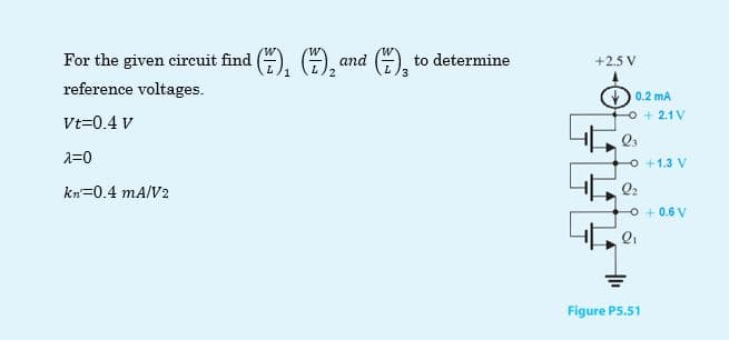 For the given circuit find (). G,a
G, to determine
+2.5 V
reference voltages.
0.2 mA
O + 2.1 V
Vt=0.4 v
1=0
O +1.3 V
kn=0.4 mA/V2
Q2
O + 0.6 V
Figure P5.51
