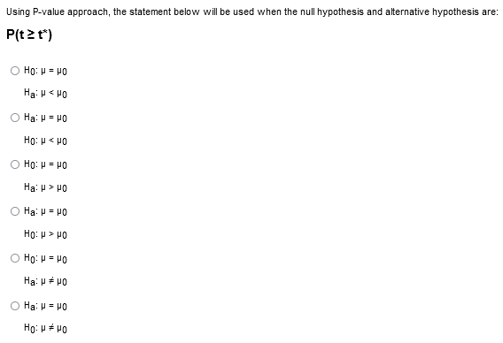 Using P-value approach, the statement below will be used when the null hypothesis and alternative hypothesis are:
P(t 2 t*)
Ho: μ = μο
Hai με μο
Ο Ha: H = μο
Ηο: με μο
Ο Ηο: μ = μο
Hai μ > μο
Ha: μ = μο
Ho: μ > μο
Ο Ho: Η = μο
Ha: μ # μο
Ο Hai H = μο
Ho: μ # μο