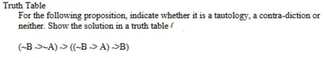 Truth Table
For the following proposition, indicate whether it is a tautology, a contra-diction or
neither. Show the solution in a truth table/
(-B-A)-> ((-B -> A) ->B)