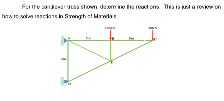 For the cantilever truss shown, determine the reactions. This is just a review on
how to solve reactions in Strength of Materials.
5m
5m
100KN
B
5m
50KN