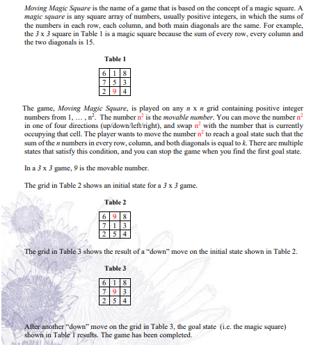 Moving Magic Square is the name of a game that is based on the concept of a magic square. A
magic square is any square array of numbers, usually positive integers, in which the sums of
the numbers in each row, each column, and both main diagonals are the same. For example,
the 3 x 3 square in Table 1 is a magic square because the sum of every row, every column and
the two diagonals is 15.
Table 1
618
753
294
The game, Moving Magic Square, is played on any n x n grid containing positive integer
numbers from 1, ..., n². The number n² is the movable number. You can move the number n²
in one of four directions (up/down/left/right), and swap n² with the number that is currently
occupying that cell. The player wants to move the number n² to reach a goal state such that the
sum of the n numbers in every row, column, and both diagonals is equal to k. There are multiple
states that satisfy this condition, and you can stop the game when you find the first goal state.
In a 3 x 3 game, 9 is the movable number.
The grid in Table 2 shows an initial state for a 3 x 3 game.
Table 2
698
7 13
254
The grid in Table 3 shows the result of a "down" move on the initial state shown in Table 2.
Table 3
618
793
254
After another "down" move on the grid in Table 3, the goal state (i.e. the magic square)
shown in Table 1 results. The game has been completed.