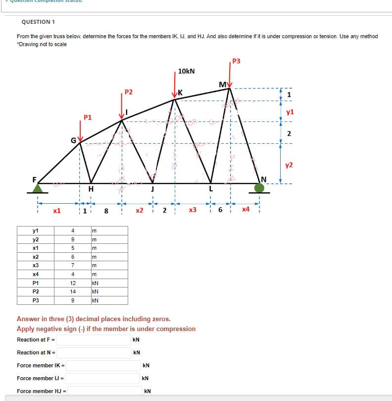 pletion Status:
QUESTION 1
From the given truss below, determine the forces for the members IK, IJ, and HJ. And also determine if it is under compression or tension. Use any method
*Drawing not to scale
y1
y2
x1
x2
x3
x4
P1
P2
P3
x1
495
6
7
4
12
14
9
P1
H
EEE
m
m
m
KN
KN
KN
8
P2
x2
KN
KN
KN
2
KN
10kN
Answer in three (3) decimal places including zeros.
Apply negative sign (-) if the member is under compression
Reaction at F =
kN
Reaction at N =
Force member IK =
Force member IJ =
Force member HJ =
K
FOR.
x3
MV
P3
IDER
y1
2
y2