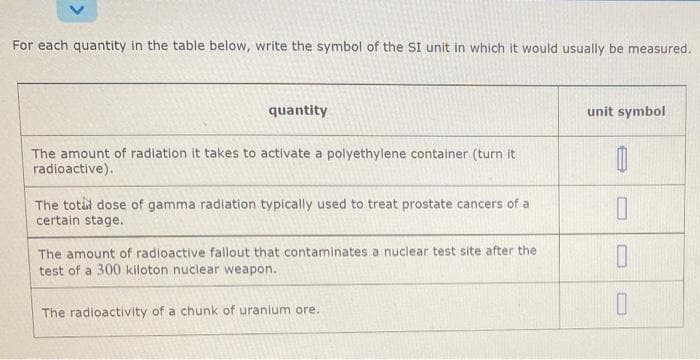 For each quantity in the table below, write the symbol of the SI unit in which it would usually be measured.
quantity
unit symbol
The amount of radiation it takes to activate a polyethylene container (turn it
radioactive).
The totai dose of gamma radiation typically used to treat prostate cancers of a
certain stage.
The amount of radioactive fallout that contaminates a nuclear test site after the
test of a 300 kiloton nuclear weapon.
The radioactivity of a chunk of uranlum ore.

