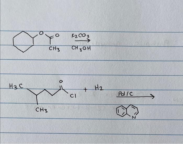 K2 CO3
CH3
CH3OH
H3 C
+Hz
CI
Pd/C
->
CH3
