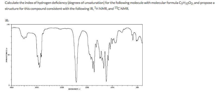 Calculate the index of hydrogen deficiency (degrees of unsaturation) for the following molecule with molecular formula C5H1002, and propose a
structure for this compound consistent with the following IR, H NMR, and 13C NMR.
IR:
LO0
4100
3000
2000
1000
MAVENUNSERI
