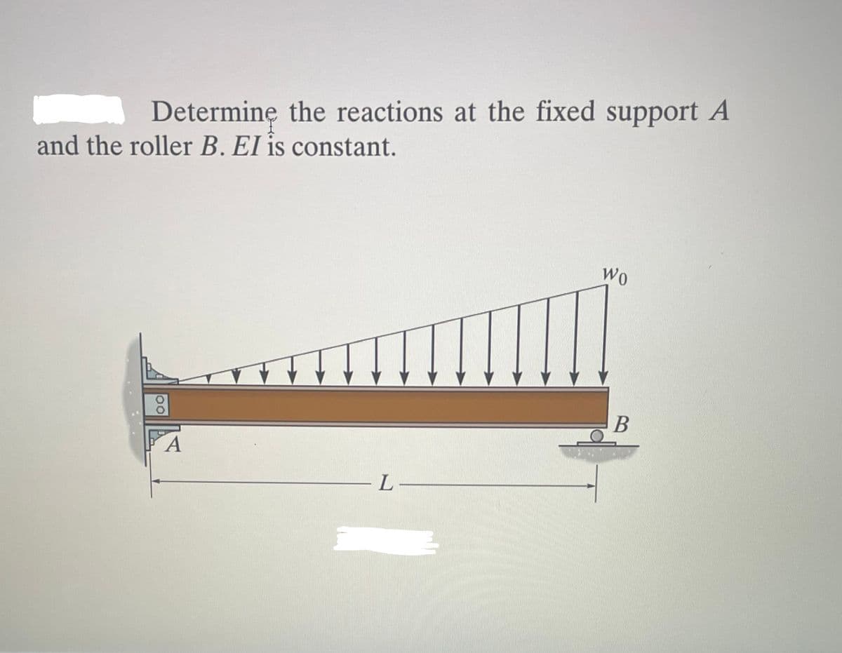 Determine the reactions at the fixed support A
and the roller B. EI is constant.
00
A
L
WO
B