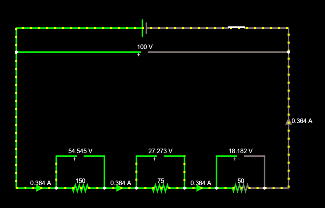 100 V
0.364 A
54.545 V
27.273 V
18.182 V
150
75
50
0.364 A
0.364 A
0.364 A
