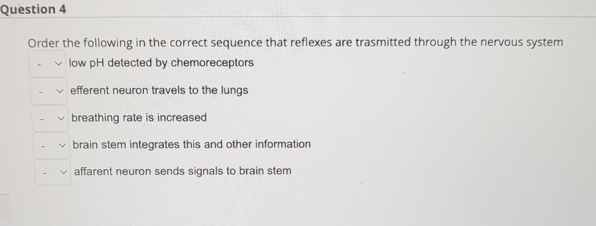 Question 4
Order the following in the correct sequence that reflexes are trasmitted through the nervous system
✓low pH detected by chemoreceptors
efferent neuron travels to the lungs
breathing rate is increased
✓brain stem integrates this and other information
affarent neuron sends signals to brain stem
V