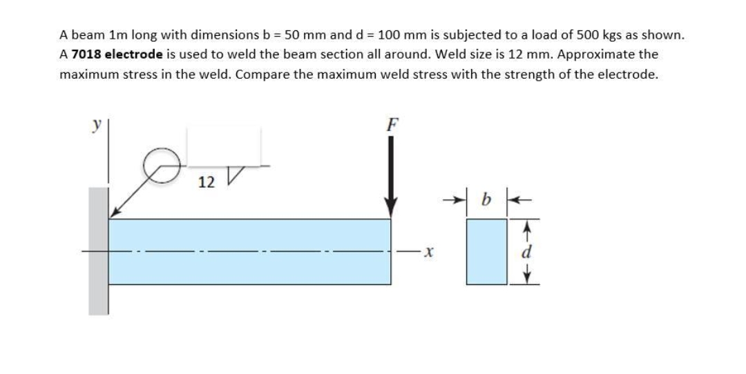 A beam 1m long with dimensions b = 50 mm and d = 100 mm is subjected to a load of 500 kgs as shown.
A 7018 electrode is used to weld the beam section all around. Weld size is 12 mm. Approximate the
maximum stress in the weld. Compare the maximum weld stress with the strength of the electrode.
F
12
-X