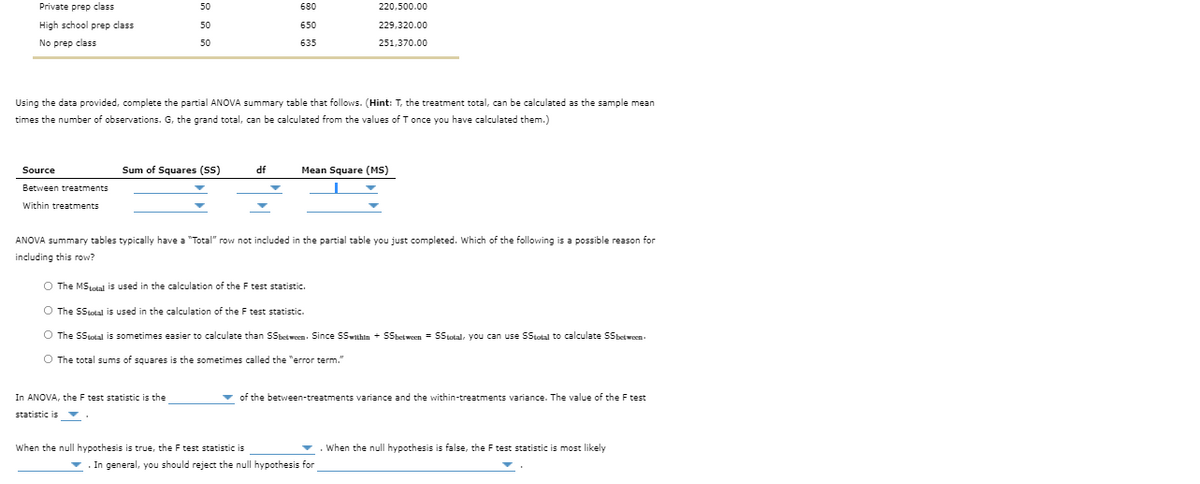 Private prep class
50
680
220,500.00
High school prep class
50
650
229,320.00
No prep class
50
635
251,370.00
Using the data provided, complete the partial ANOVA summary table that follows. (Hint: T, the treatment total, can be calculated as the sample mean
times the number of observations. G, the grand total, can be calculated from the values of T once you have calculated them.)
Source
Sum of Squares (SS)
df
Mean Square (MS)
Between treatments
Within treatments
ANOVA summary tables typically have a "Total" row not included in the partial table you just completed. Which of the following is a possible reason for
including this row?
O The MStotal is used in the calculation of the F test statistic.
O The SStotal is used in the calculation of the F test statistic.
O The SStotal is sometimes easier to calculate than SSbetwoen. Since SSwithin + SSbetween = SStotal, you can use SStotal to calculate SSbetwoen-
O The total sums of squares is the sometimes called the "error term."
In ANOVA, the F test statistic is the
v of the between-treatments variance and the within-treatments variance. The value of the F test
statistic is
When the null hypothesis is true, the F test statistic is
. When the null hypothesis is false, the F test statistic is most likely
In general, you should reject the null hypothesis for
