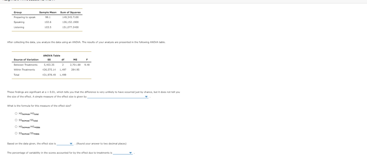 Group
Sample Mean
Sum of Squares
Preparing to speak
99.1
149,345.7100
Speaking
102.6
126,152.1900
Listening
103.5
151,077.2400
After collecting the data, you analyze the data using an ANOVA. The results of your analysis are presented in the following ANOVA table.
ANOVA Table
Source of Variation
df
MS
F
Between Treatments
5,403.35
2
2,701.68
9.48
Within Treatments
426,575.14
1,497
284.95
Total
431,978.49
1,499
These findings are significant at a = 0.01, which tells you that the difference is very unlikely to have occurred just by chance, but it does not tell you
the size of the effect. A simple measure of the effect size is given by
What is the formula for this measure of the effect size?
O MSpetwom/MSotal
O SSpetween/SSotal
O MSpeiwoen/MSIthin
O SSpetwoen/SSwihin
Based on the data given, the effect size is
(Round your answer to two decimal places)
The percentage of variability in the scores accounted for by the effect due to treatments is
