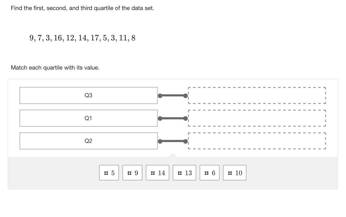 Find the first, second, and third quartile of the data set.
9, 7, 3, 16, 12, 14, 17, 5, 3, 11, 8
Match each quartile with its value.
Q3
Q1
Q2
:: 5
:: 9
:: 14
:: 13
:: 6
:: 10
