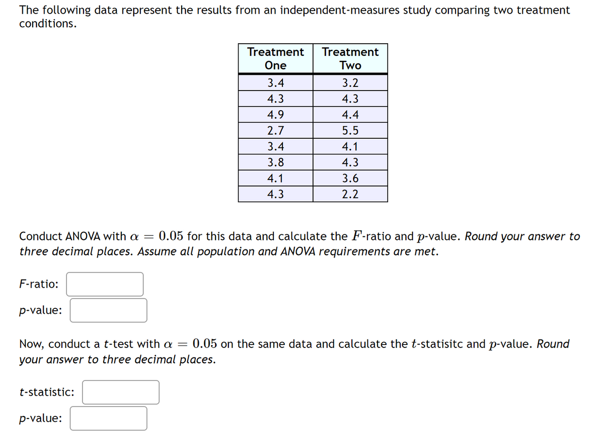 The following data represent the results from an independent-measures study comparing two treatment
conditions.
Treatment
Two
Treatment
One
3.4
3.2
4.3
4.3
4.9
4.4
2.7
5.5
3.4
4.1
3.8
4.3
4.1
3.6
4.3
2.2
Conduct ANOVA with a = 0.05 for this data and calculate the F-ratio and p-value. Round your answer to
three decimal places. Assume all population and ANOVA requirements are met.
F-ratio:
p-value:
Now, conduct a t-test with a =
0.05 on the same data and calculate the t-statisitc and p-value. Round
your answer to three decimal places.
t-statistic:
p-value:
