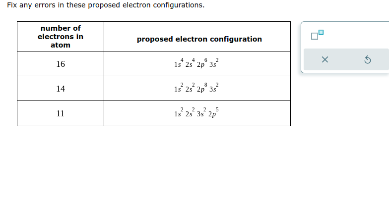 Fix any errors in these proposed electron configurations.
number of
electrons in
atom
16
14
11
proposed electron configuration
2
4 6
1s 2s 2p 3s
2 2 8 2
1s 2s 2p 3s
2
2 2
5
1s 2s 3s 2p
5