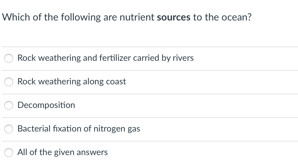 Which of the following are nutrient sources to the ocean?
Rock weathering and fertilizer carried by rivers
Rock weathering along coast
Decomposition
Bacterial fixation of nitrogen gas
All of the given answers
