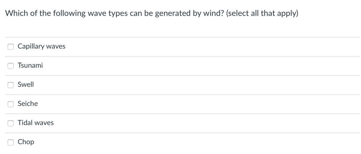 Which of the following wave types can be generated by wind? (select all that apply)
Capillary waves
Tsunami
Swell
Seiche
Tidal waves
Chop
