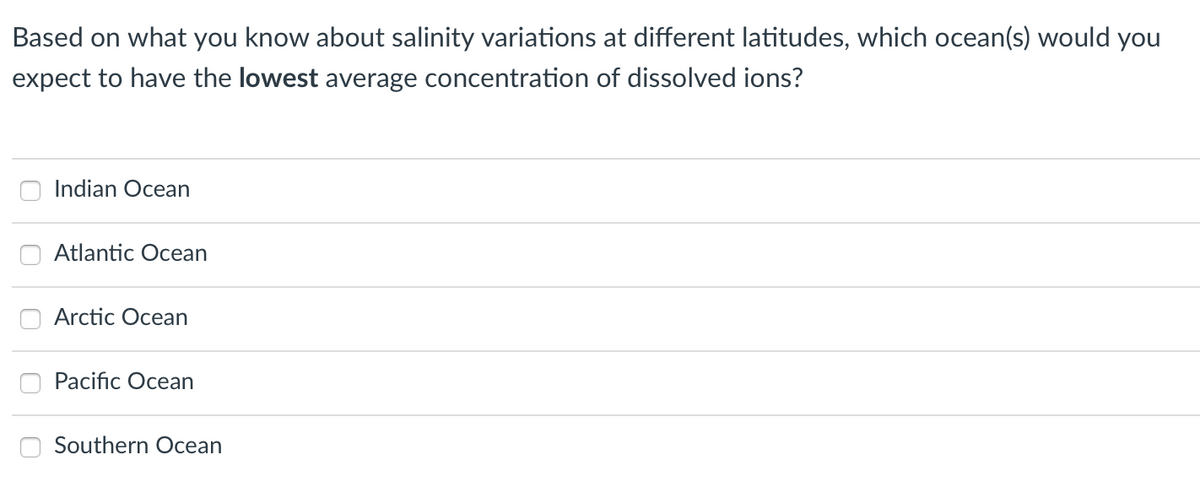 Based on what you know about salinity variations at different latitudes, which ocean(s) would you
expect to have the lowest average concentration of dissolved ions?
Indian Ocean
Atlantic Ocean
Arctic Ocean
Pacific Ocean
Southern Ocean
