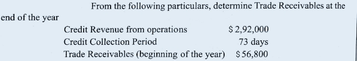 From the following particulars, determine Trade Receivables at the
end of the year
$ 2,92,000
73 days
Trade Receivables (beginning of the year) $56,800
Credit Revenue from operations
Credit Collection Period
