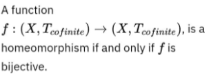 A function
f: (X, Teofinite) → (X, Tcofinite), is a
homeomorphism if and only if f is
bijective.