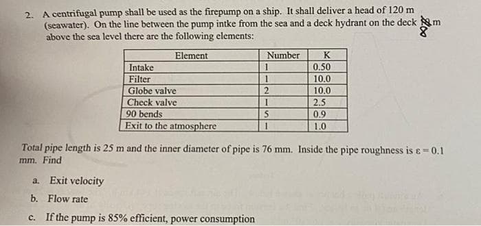 m
2. A centrifugal pump shall be used as the firepump on a ship. It shall deliver a head of 120 m
(seawater). On the line between the pump intke from the sea and a deck hydrant on the deck
above the sea level there are the following elements:
Element
Number
K
Intake
1
0.50
Filter
1
10.0
Globe valve
2
10.0
Check valve
I
2.5
90 bends
5
0.9
Exit to the atmosphere
1
1.0
Total pipe length is 25 m and the inner diameter of pipe is 76 mm. Inside the pipe roughness is = 0.1
mm. Find
a. Exit velocity
b. Flow rate
c. If the pump is 85% efficient, power consumption