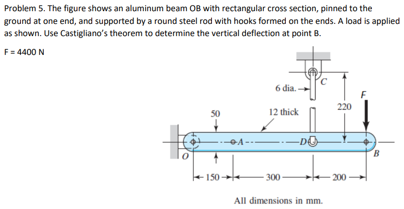 Problem 5. The figure shows an aluminum beam OB with rectangular cross section, pinned to the
ground at one end, and supported by a round steel rod with hooks formed on the ends. A load is applied
as shown. Use Castigliano's theorem to determine the vertical deflection at point B.
F = 4400 N
50
·—A --·
150-
6 dia..
12 thick
300
-DO
C
220
- 200
All dimensions in mm.
F
B