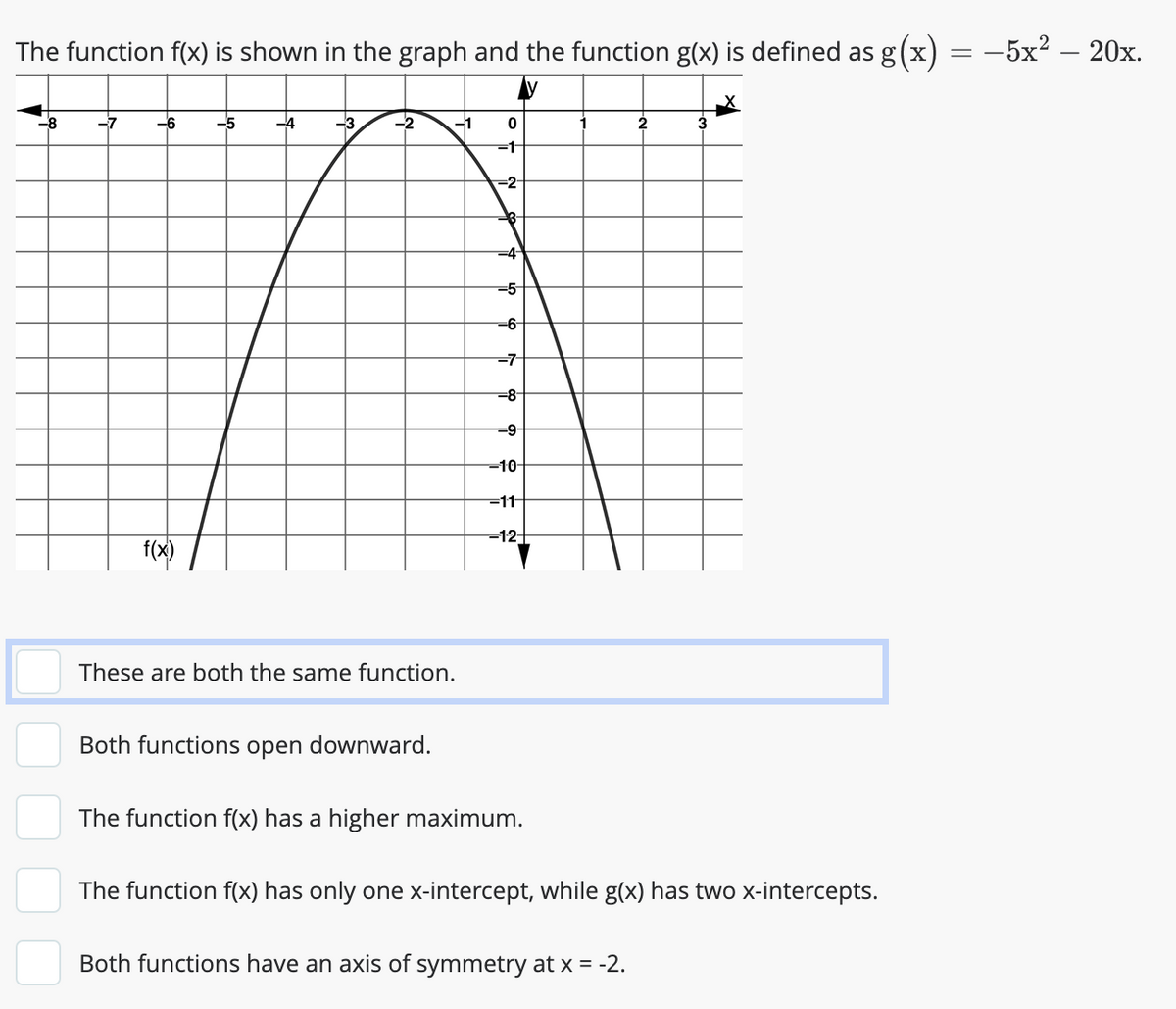 The function f(x) is shown in the graph and the function g(x) is defined as g(x) = −5x² – 20x.
V
-8
-7
-6
f(x)
-3
-2
-1
These are both the same function.
Both functions open downward.
0
=1
=2
£3-
-4
-5
-6-
-7-
-8-
-9-
-10-
-11-
-12-
The function f(x) has a higher maximum.
1
2
Both functions have an axis of symmetry at x = -2.
3
The function f(x) has only one x-intercept, while g(x) has two x-intercepts.
