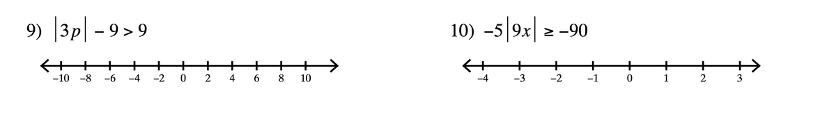 9) |3p| - 9> 9
<+ + +
+
-10 -8 -6 -4 -2 0
+2
4 68 10
10) -5|9x| ≥ -90
-4
+
-3
+
-2
-1
0
+
2
3