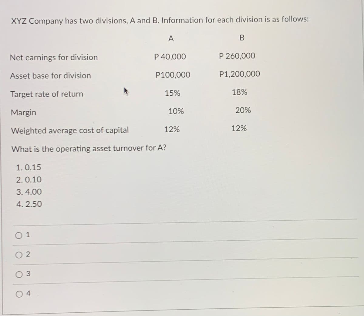 XYZ Company has two divisions, A and B. Information for each division is as follows:
A
Net earnings for division
P 40,000
P 260,000
Asset base for division
P100,000
P1,200,000
Target rate of return
15%
18%
Margin
10%
20%
Weighted average cost of capital
12%
12%
What is the operating asset turnover for A?
1. 0.15
2.0.10
3.4.00
4. 2.50
0 1
O 2
O 3
O 4
