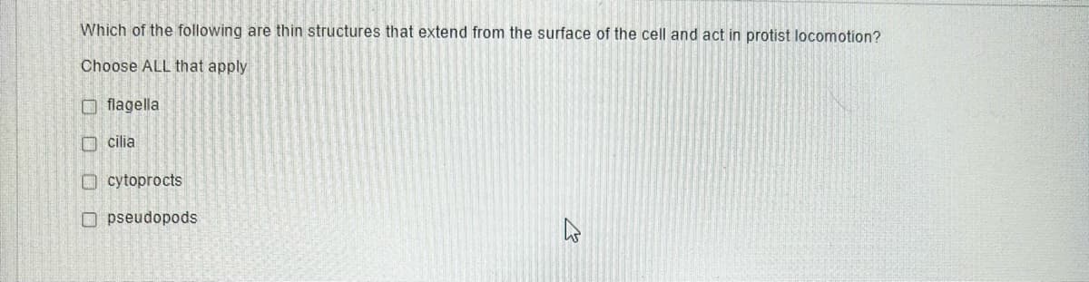 Which of the following are thin structures that extend from the surface of the cell and act in protist locomotion?
Choose ALL that apply
flagella
cilia
cytoprocts
Opseudopods
K