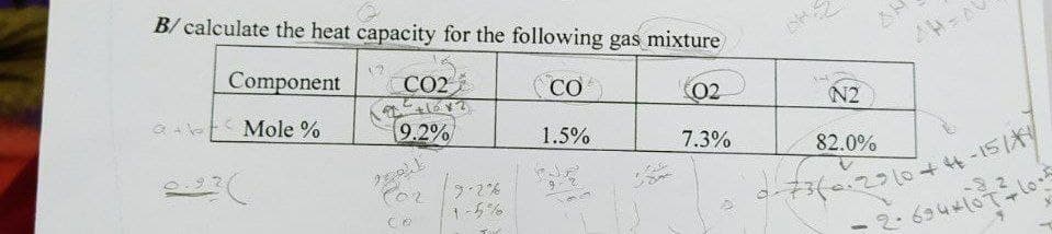 B/calculate the heat capacity for the following gas mixture
Component
CO2
CO)
02
N2
Mole %
9.2%
1.5%
7.3%
82.0%
look
