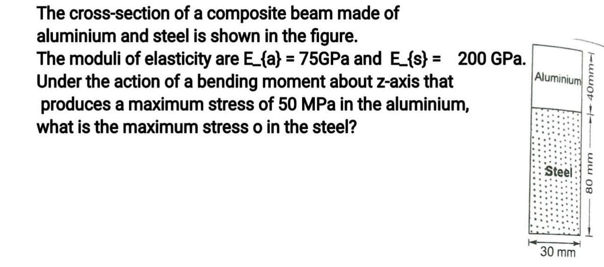 The cross-section of a composite beam made of
aluminium and steel is shown in the figure.
The moduli of elasticity are E_{a} = 75GPA and E_{s} = 200 GPa.
Under the action of a bending moment about z-axis that
produces a maximum stress of 50 MPa in the aluminium,
what is the maximum stress o in the steel?
%3D
Aluminium
Steel
30 mm
uwot ww 08
