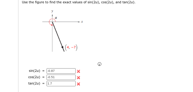 Use the figure to find the exact values of sin(2u), cos(2u), and tan(2u).
sin(2u) =
-0.87
cos(2u)
-0.51
tan(2u) =
1.7
