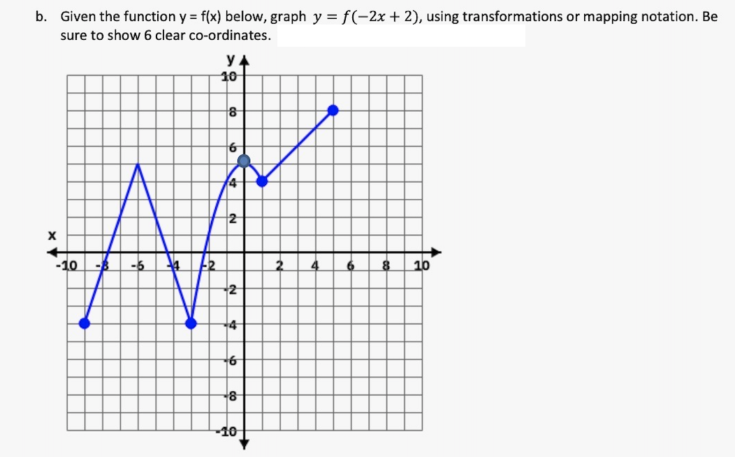 b. Given the function y = f(x) below, graph y = f(-2x + 2), using transformations or mapping notation. Be
sure to show 6 clear co-ordinates.
X
-10 -B -6
-2
YA
10
8
6
4
2
2
4
6
8
-10
10