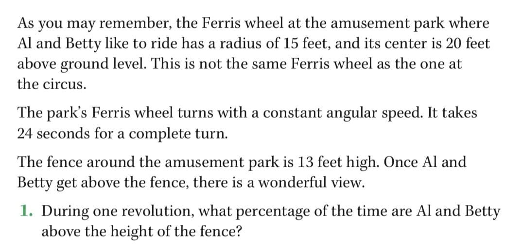 As you may remember, the Ferris wheel at the amusement park where
Al and Betty like to ride has a radius of 15 feet, and its center is 20 feet
above ground level. This is not the same Ferris wheel as the one at
the circus.
The park's Ferris wheel turns with a constant angular speed. It takes
24 seconds for a complete turn.
The fence around the amusement park is 13 feet high. Once Al and
Betty get above the fence, there is a wonderful view.
1. During one revolution, what percentage of the time are Al and Betty
above the height of the fence?
