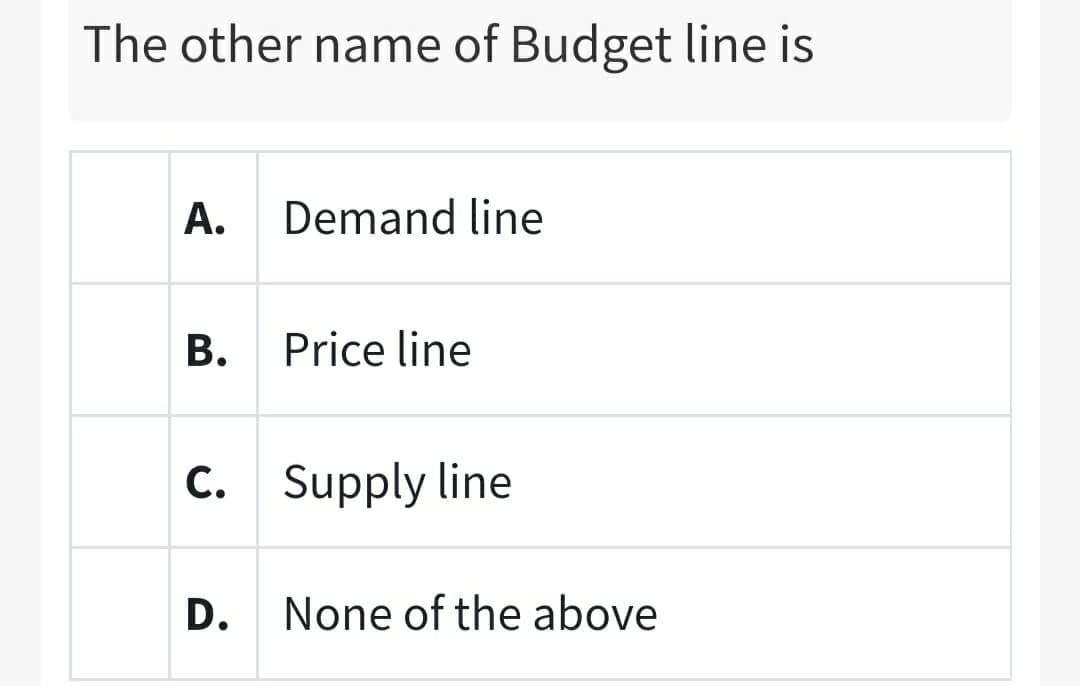 The other name of Budget line is
А.
Demand line
В.
Price line
C. Supply line
D.
None of the above
