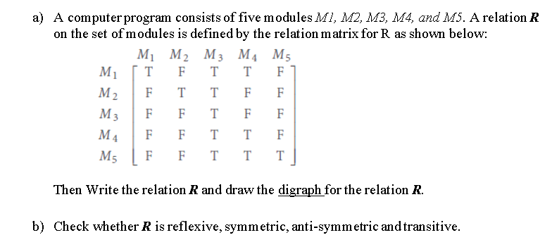 a) A computer program consists of five modules M1, M2, M3, M4, and M5. A relation R
on the set of modules is defined by the relation matrix for R as shown below:
M1 M2 M3 M4 M5
M Гт F ТТ F
M2
F
T
T
F
F
M3
F
F
T
F
F
F
M4
F
T
T
F
M5
F
FT T
Then Write the relation R and draw the digraph for the relation R.
b) Check whether R is reflexive, symmetric, anti-symmetric and transitive.
