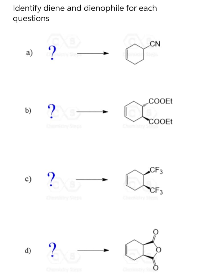 Identify diene and dienophile for each
questions
a) ? mistry Ste
b) ? G
c) ?
d)
?
a
X
CN
COOEt
COOEt
CF3
CF3
O