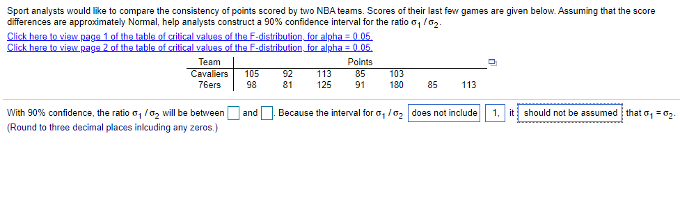 Sport analysts would like to compare the consistency of points scored by two NBA teams. Scores of their last few games are given below. Assuming that the score
differences are approximately Normal, help analysts construct a 90% confidence interval for the ratio o, /02.
Click here to view page 1 of the table of critical values of the F-distribution, for alpha = 0.05.
Click here to view page 2 of the table of critical values of the F-distribution, for alpha = 0.05.
Team
Points
Cavaliers
105
92
113
85
103
76ers
98
81
125
91
180
85
113
With 90% confidence, the ratio o, /o, will be between
and. Because the interval for o, /0, does not include
1. it should not be assumed that o, = 02
(Round to three decimal places inlcuding any zeros.)
