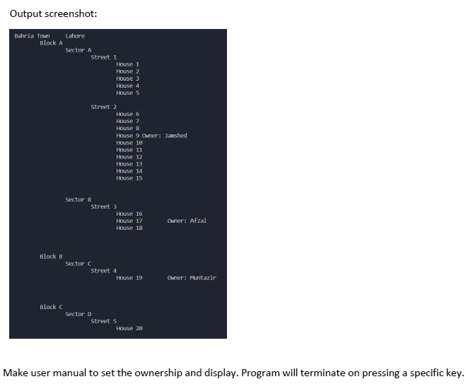 Output screenshot:
Bahria Town
Block A
Lahore
Sector A
Street 1
House 1
House 2
House 3
House 4
House 5
Street 2
House 6
House 7
House 8
House 9 Ouпег: Janshed
House 10
House 11
House 12
House 13
House 14
House 15
Sector B
Street 3
House 16
House 17
Ouner: Afzal
House 18
Block B
Sector C
Street 4
House 19
Owner: Muntazir
Block C
Sector D
Street 5
House 20
Make user manual to set the ownership and display. Program will terminate on pressing a specific key.
